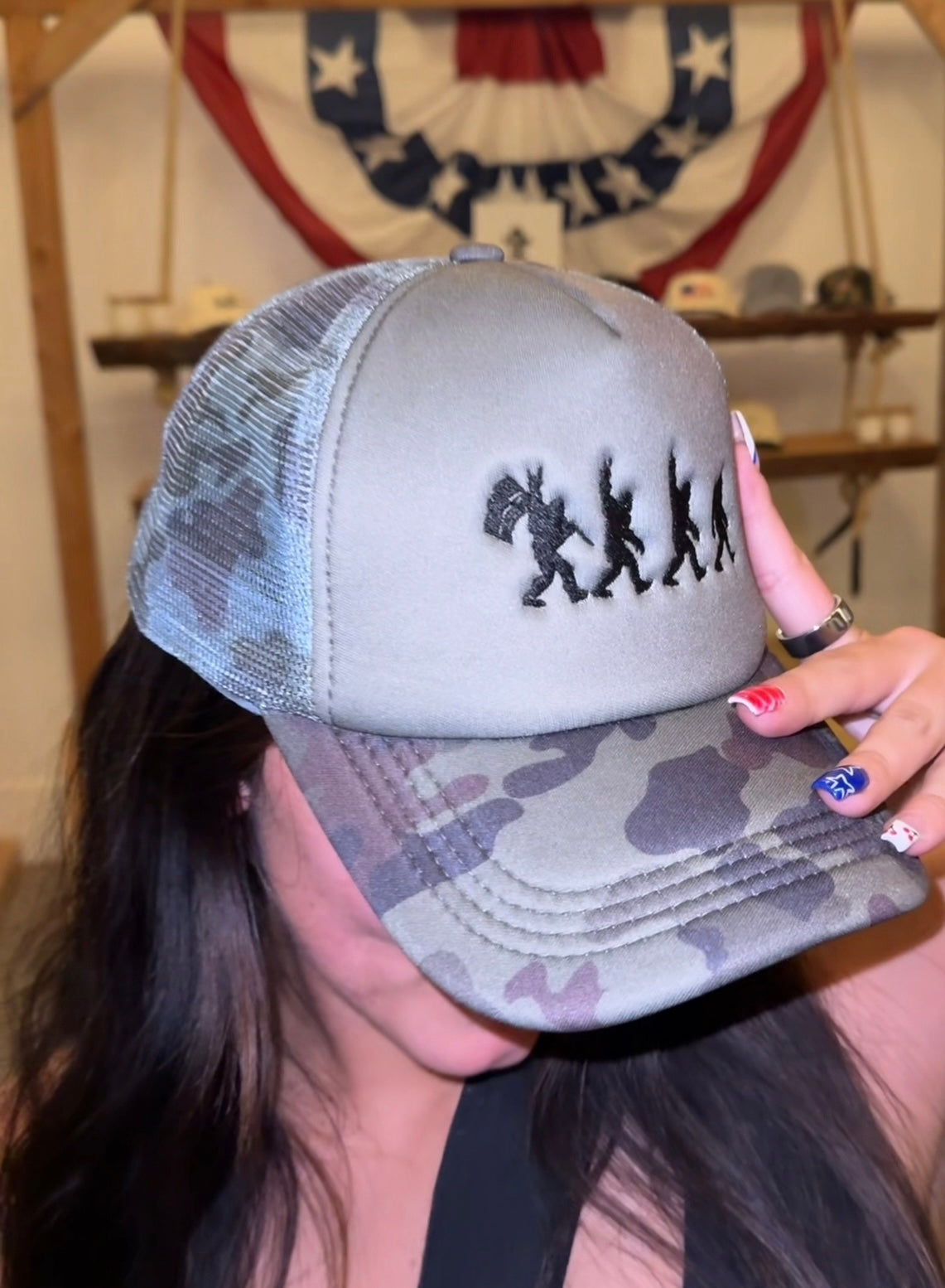Sasquatch Hat with USA FLAG on camo hat