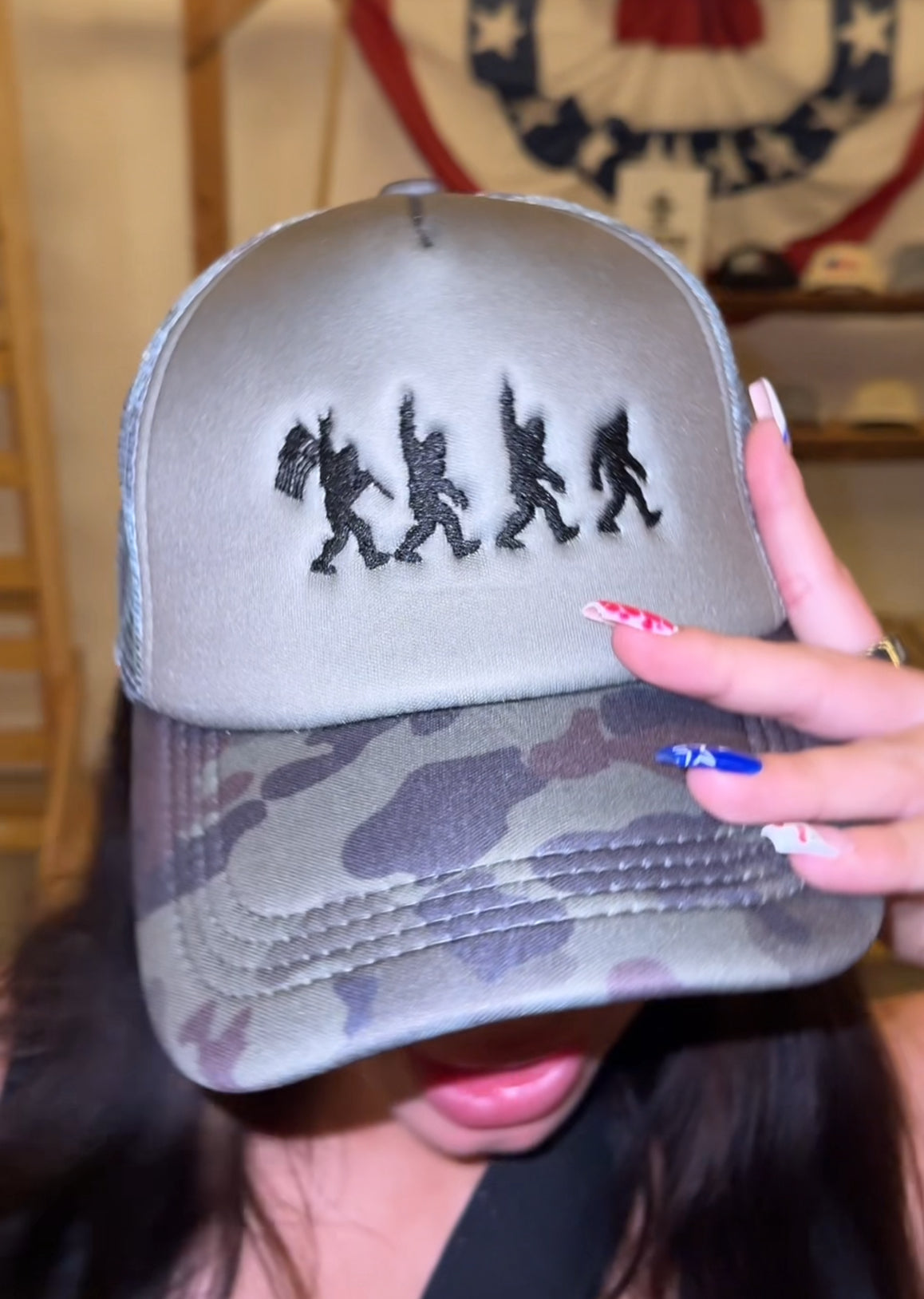 Sasquatch Hat with USA FLAG on camo hat